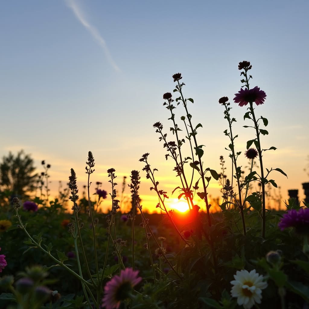 Wildflowers glowing at sunset